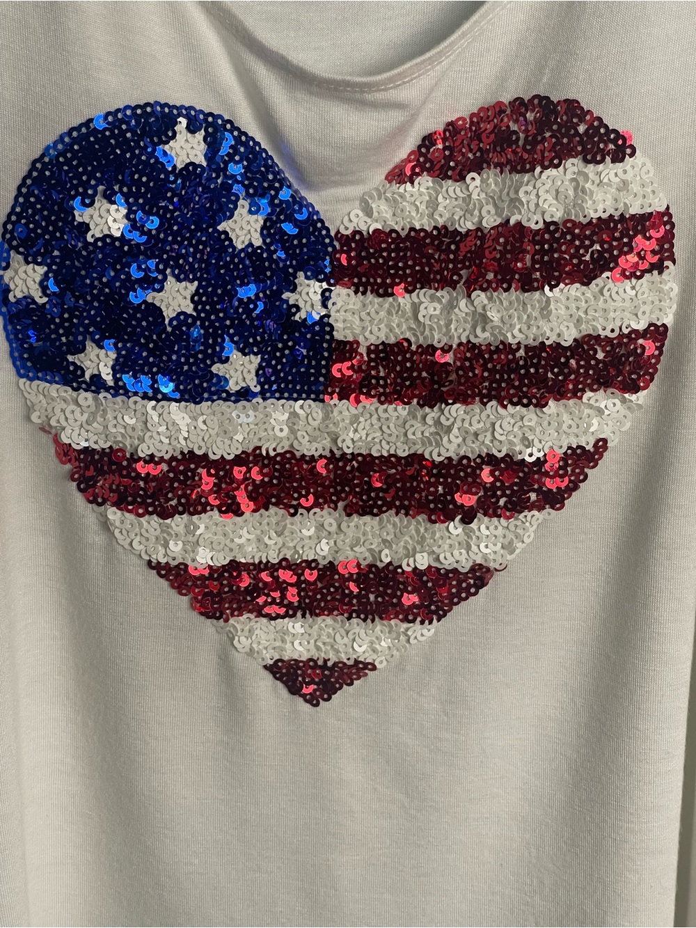 Miss Chievous White Tank Top with Bold Patriotic Sequined American Flag Heart